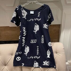 Shoe Shack Dress Womens M Fish Navy White Handstamped Short Beach Swim Coverup
